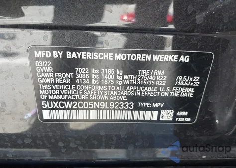 2022 BMW X7 xDrive40I z USA, uszkodzony, nr VIN 5UXCW2C05N9L92333
